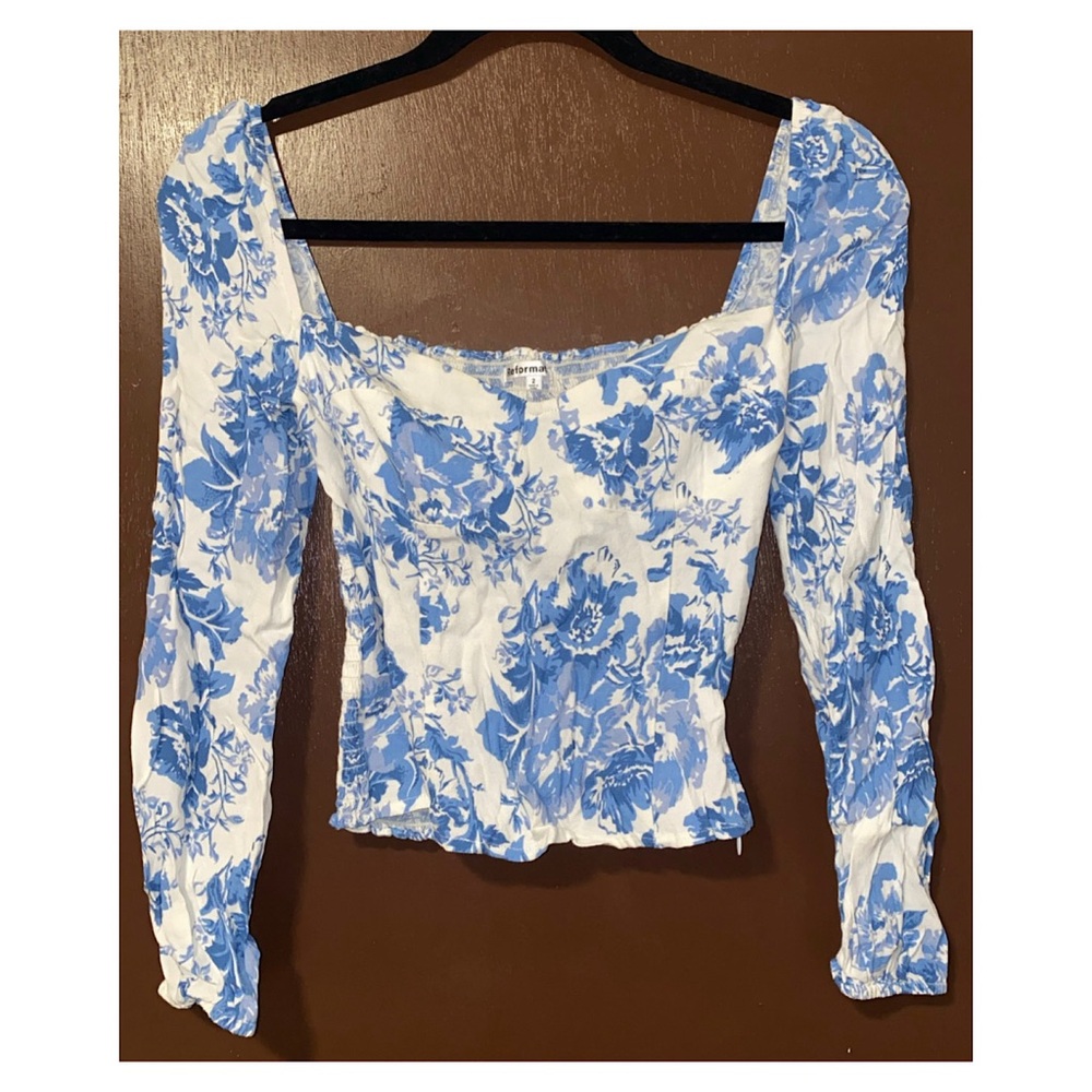 Reformation Reign Top Olympia White Blue Floral Smocked Long Sleeve in size 2 - Picture 9 of 15